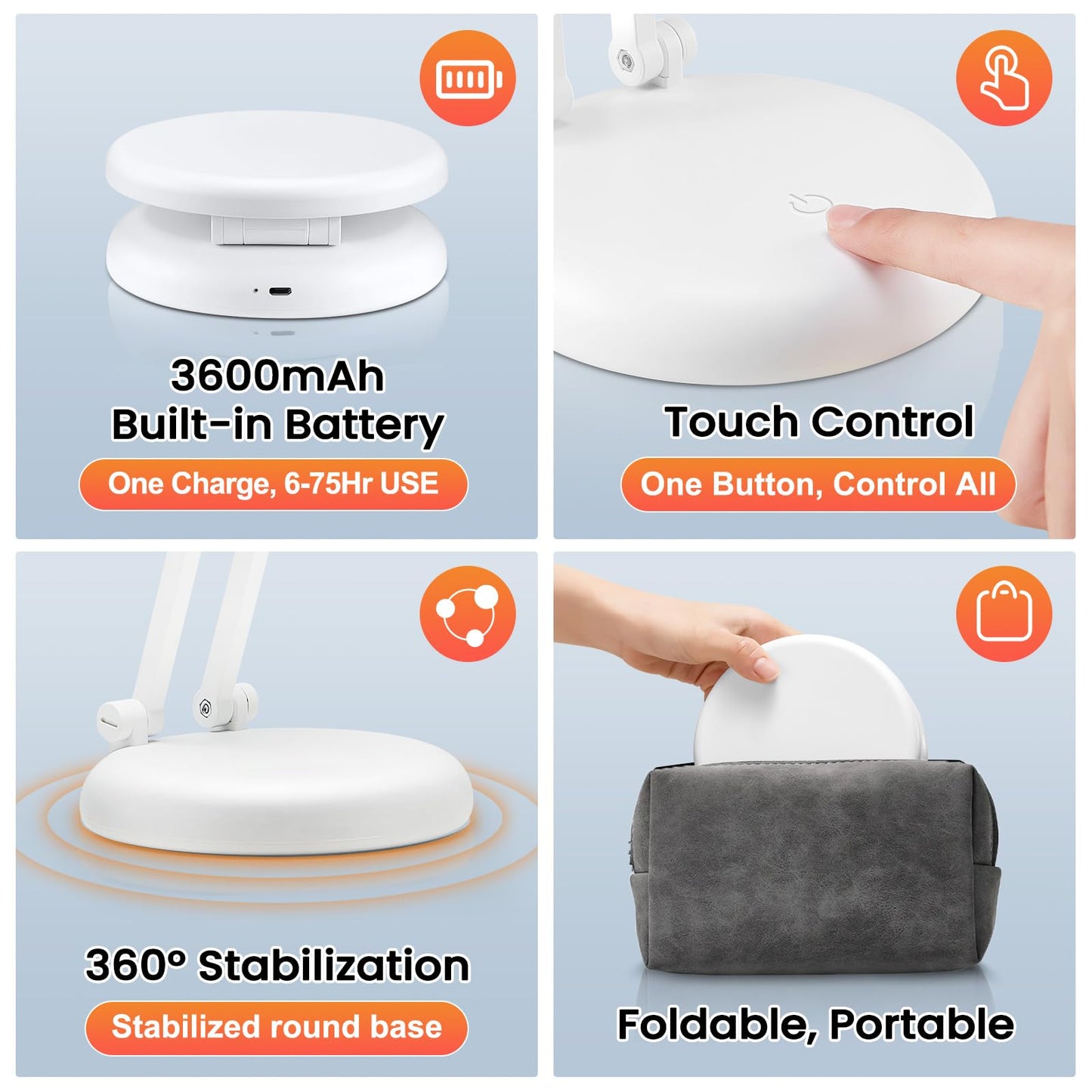 One Fire Lampe de Bureau LED Rechargeable, 3600mAH +9 Niveaux de Luminosité Lampe LED Rechargeable Sans Fil & Pliable & Portable, Lumiere Sans Fil Pour Bureau et Chevet