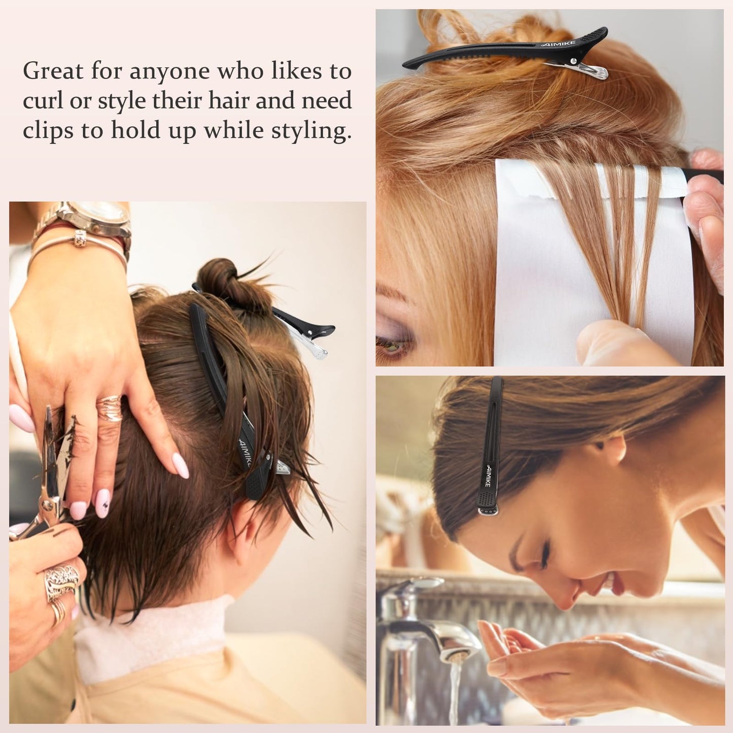 AIMIKE 6pcs Pinces à Cheveux Professionnelles pour la Coupe de Style, Pinces à Cheveux Antidérapantes Sans Trace de Canard, Pinces de Coupe de Cheveux pour Salon Coiffeur - Noir 4,3 "de Long