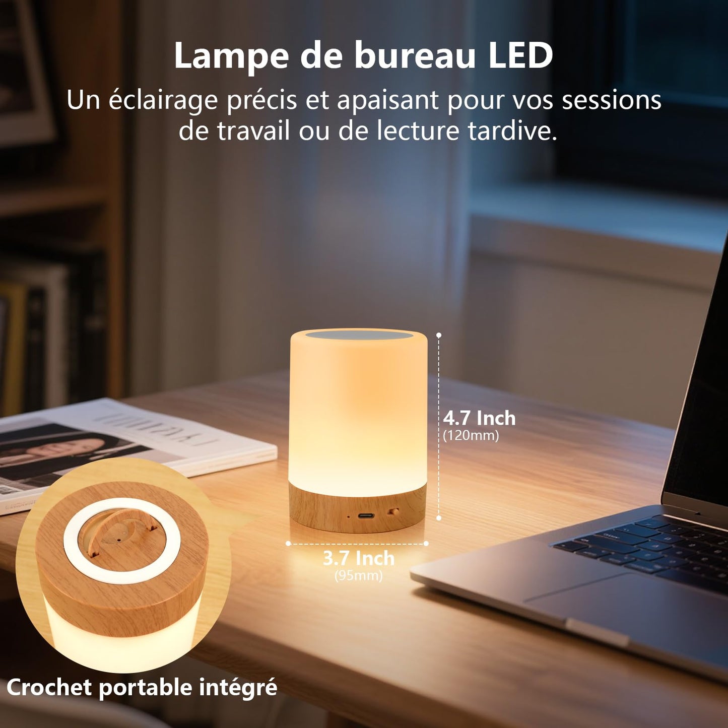 VKH Lampe de chevet LED RGB sans fil tactile et dimmable avec télécommande, veilleuse rechargeable USB pour chambre, lampe de table décorative – Modèle Cylindre Haut
