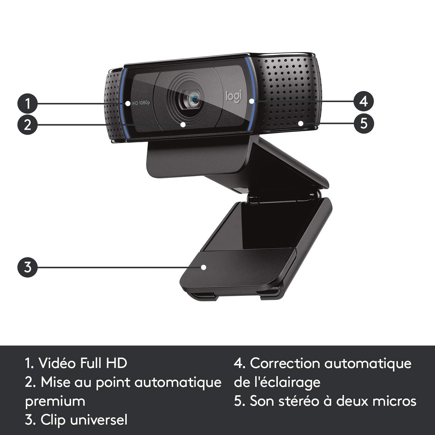 Logitech Webcam C920 HD Pro, Appels et Enregistrements Vidéo Full HD 1080p, Webcam Streaming, Deux Microphones, Petite, Agile, Réglable, PC/Mac/Portable/Tablette/Chromebook - Noir
