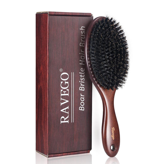 RAVEGO Brosse à cheveux en poils de sanglier pour femme, homme, enfant - Pour démêler et coiffer - Poils naturels pour cheveux fins et fins - Poils rigides