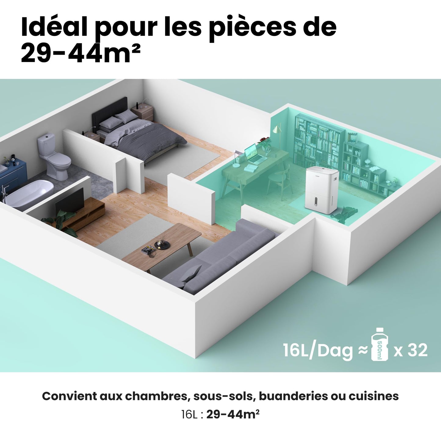 COMFEE' Déshumidificateur 2-EN-1,Elimine l'humidité jusqu'à 16L-Jour, Purification d'air avec ioniseur, 4 Modes, Fonction Air Swing, Contrôle APP, Idéal pour pièces de 29-44㎡, Easy Dry 16