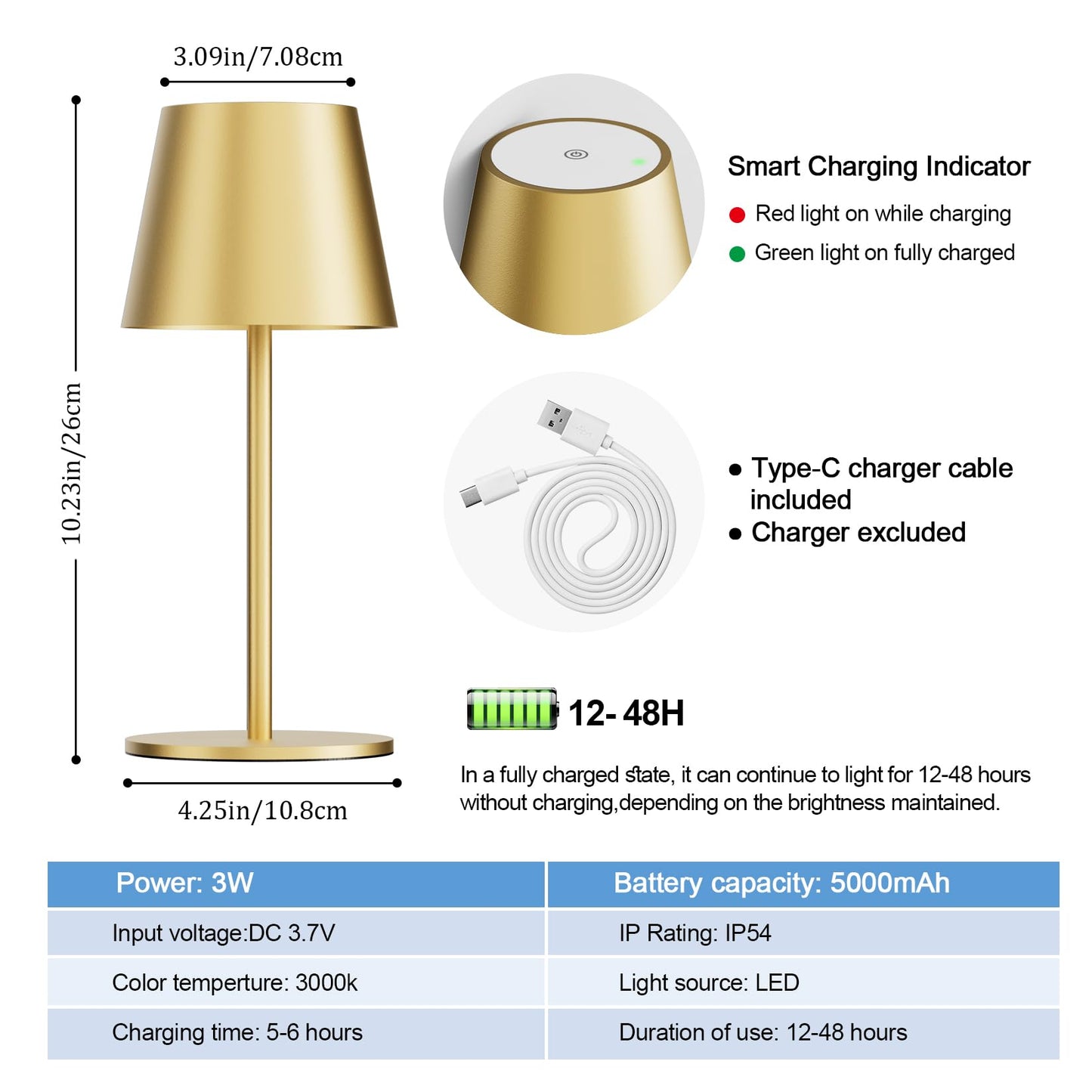 lundwa 2 pièces lampes de table LED à intensité variable, sans fil, rechargeables, couleur de lumière chaude 3000K, USB-C, aluminium, IP54,Pour le salon, le jardin, la salle à manger(Or mat)