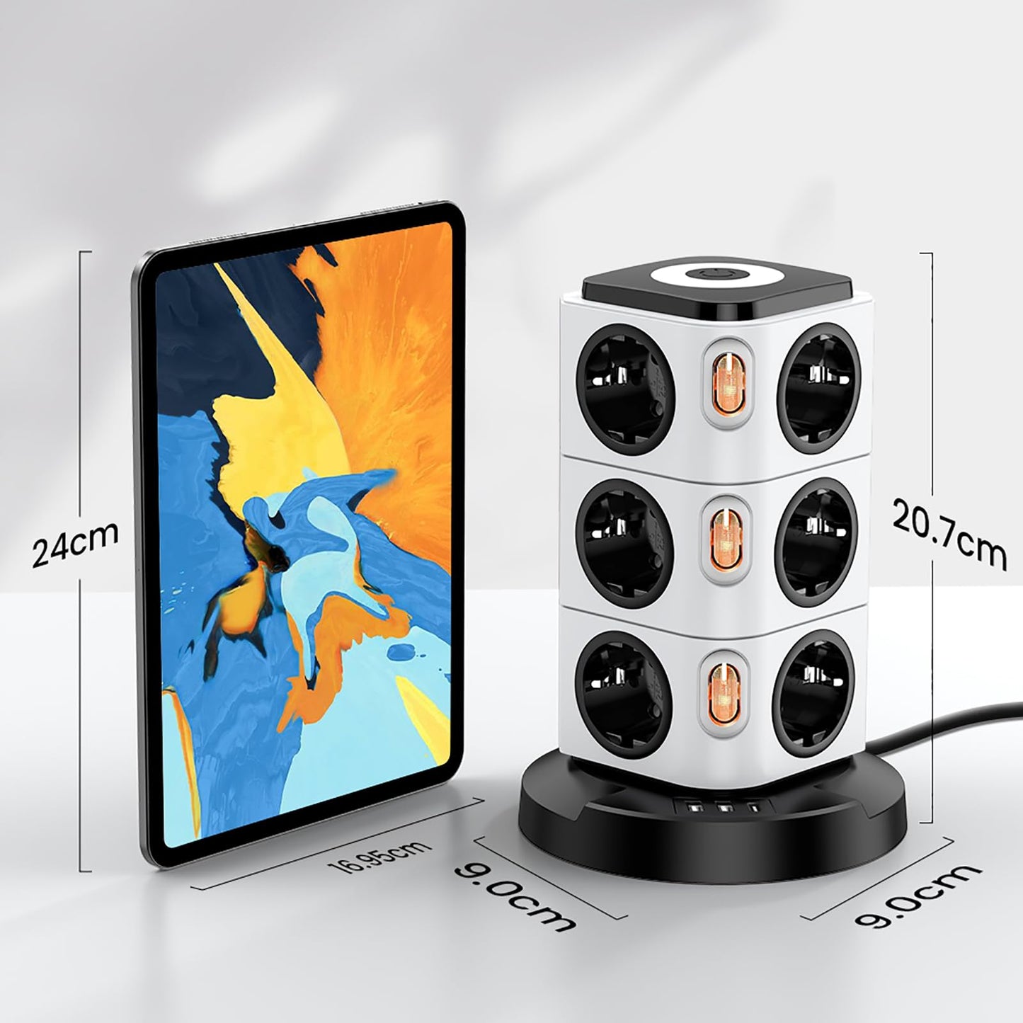 Acodot Multiprise Electrique, 12 Compartiments Multiprise avec USB, Multi Prise de Protection Contre Les Surtensions Tower avec 4 Interrupteurs, Veilleuse Design Originale et USB-A, USB-C Câble 3M