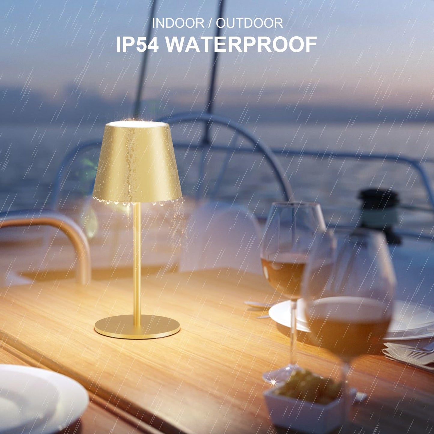 lundwa 2 pièces lampes de table LED à intensité variable, sans fil, rechargeables, couleur de lumière chaude 3000K, USB-C, aluminium, IP54,Pour le salon, le jardin, la salle à manger(Or mat)