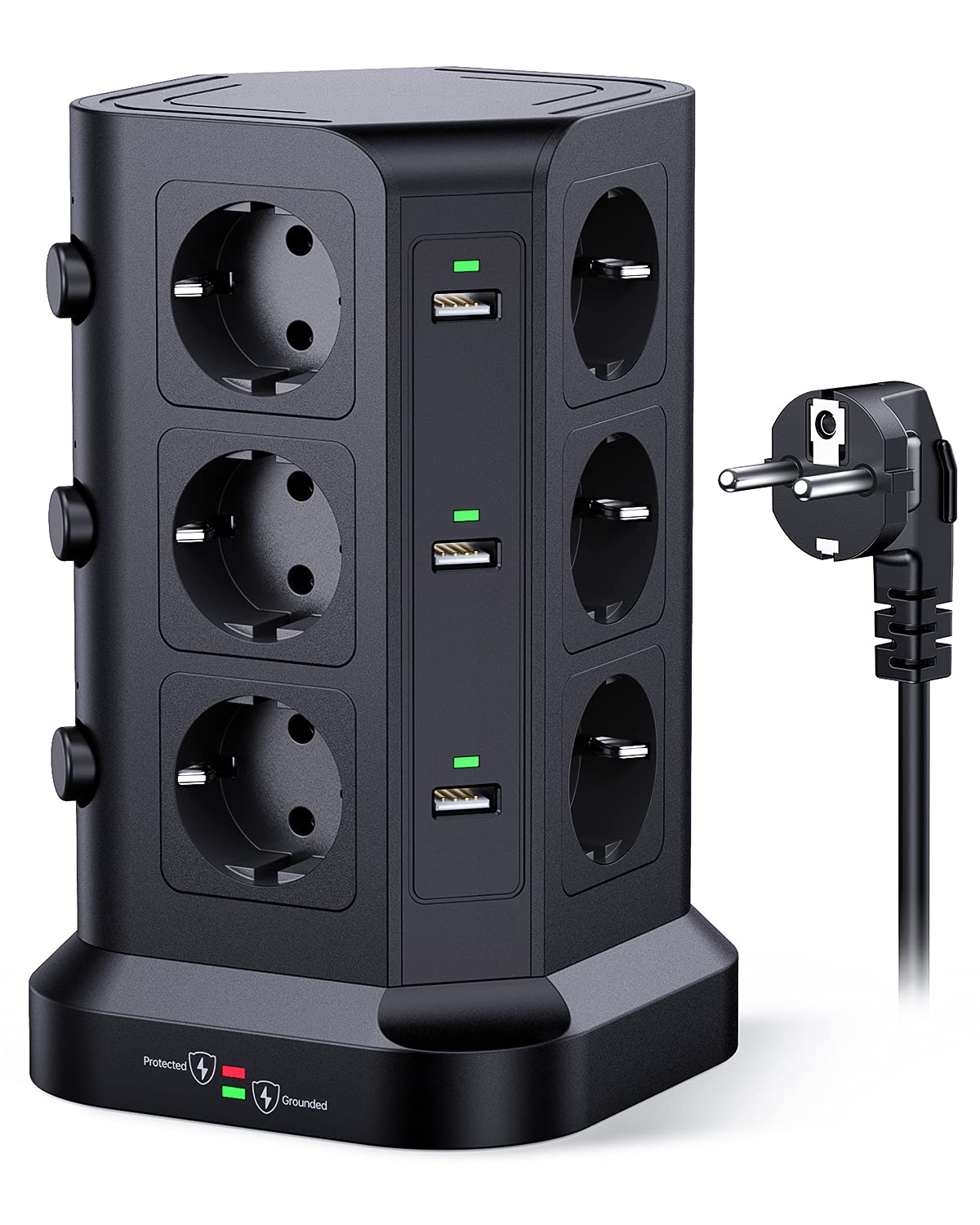 KOOSLA Tour multiprise parafoudre et surtension(4000W/16A), Multiprise Electrique avec 6 Ports USB et 12 Prises, multiprise avec et 3 Interrupteurs, 2M Cordon, Noir