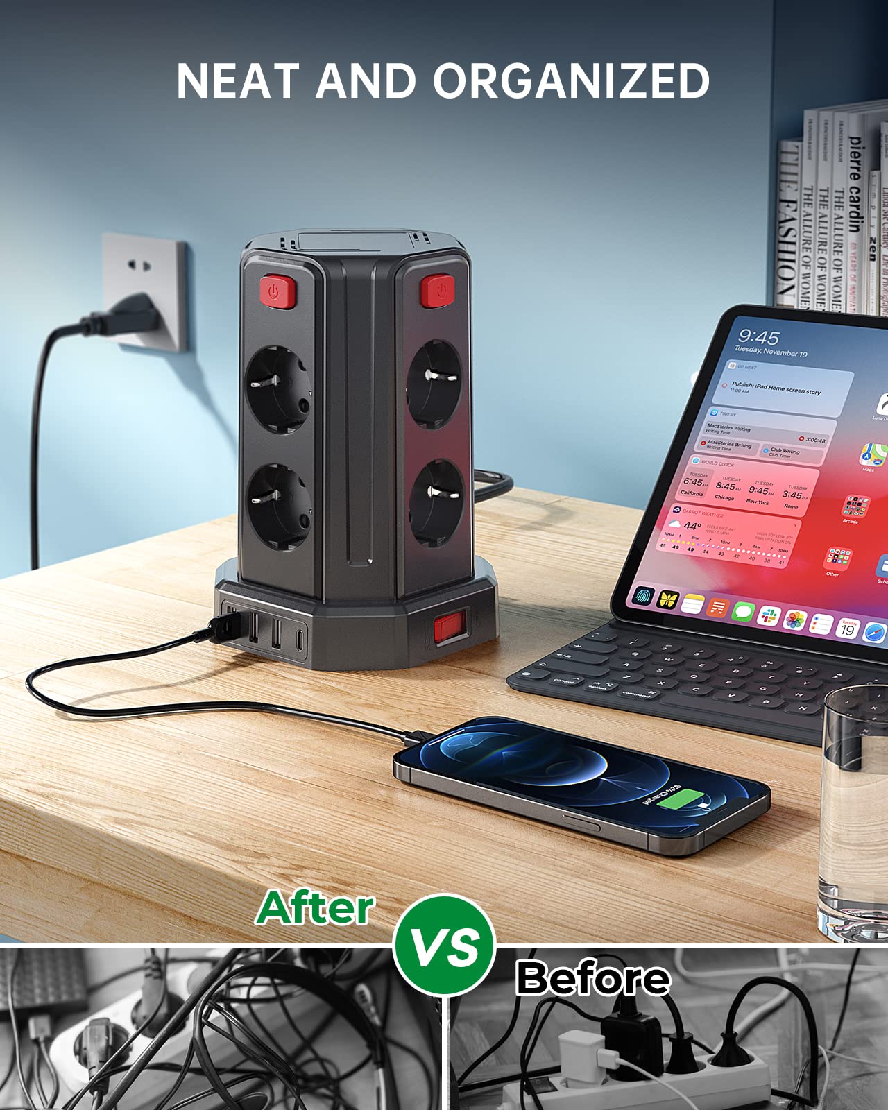 Multiprise avec Interrupteur, Sameriver Tour Multiprise 8 Prises et 4 USB, Multiprise USB Parafoudre et 4 Interrupteurs Rallonge Electrique 3M Câble la Maison et au Bureau