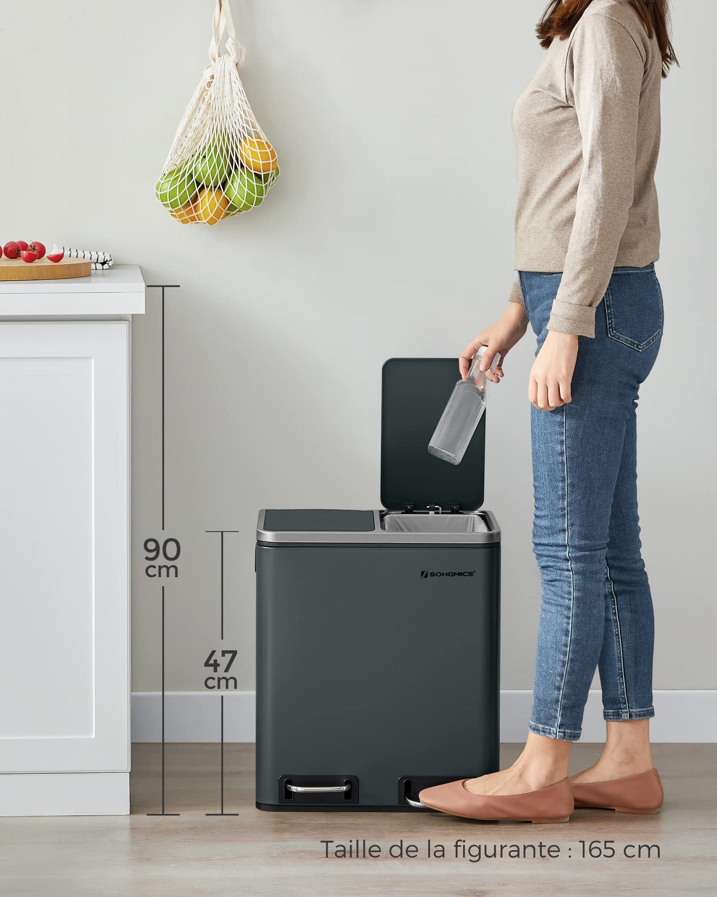 SONGMICS Poubelle Cuisine, 2 x 15L, Poubelle Tri, avec Pédale, 2 Compartiments, 15 Sacs Poubelles, Seaux Intérieurs, Couvercles en Douceur, en Acier, Gris Verdâtre LTB30GS