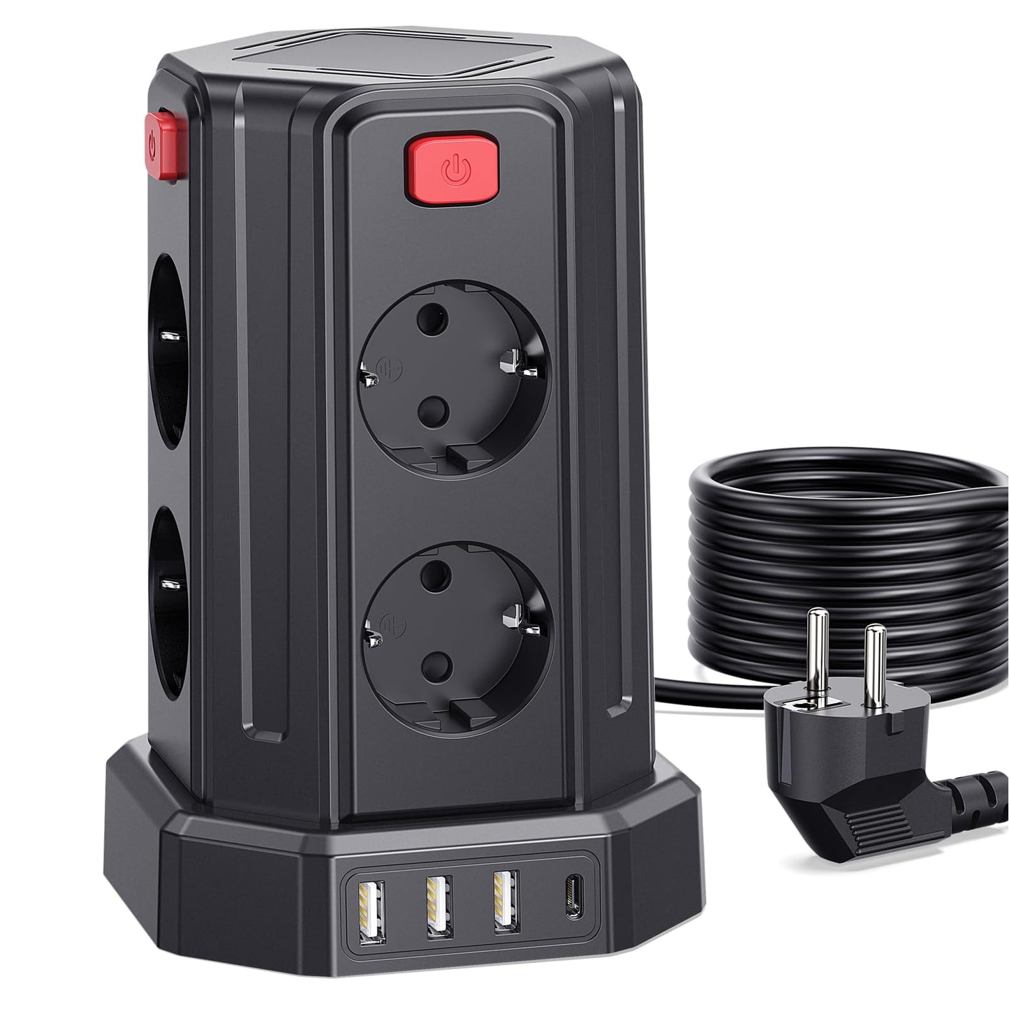 Multiprise avec Interrupteur, Sameriver Tour Multiprise 8 Prises et 4 USB, Multiprise USB Parafoudre et 4 Interrupteurs Rallonge Electrique 3M Câble la Maison et au Bureau