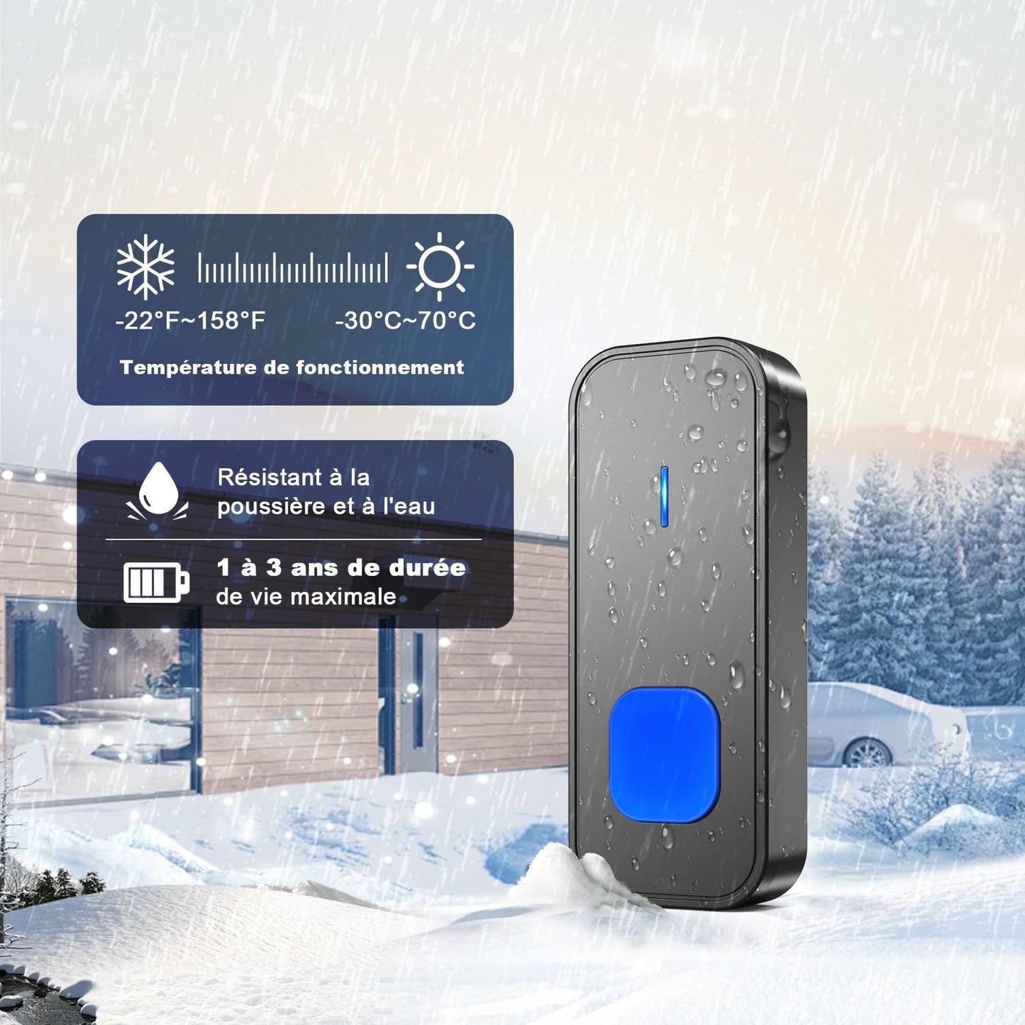 SURFOU Sonnette sans Fil, 400M Sonnette Longue Portée Exterieur Étanche Electronique, Kit de Carillon avec Récepteurs Enfichables pour la Maison, LED Bleu, 55 Mélodies, 5 Niveaux Volumes, Noir