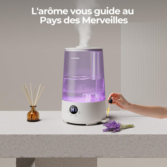 Homvana Humidificateur d'Air bébé, 3.6 L Cool Mist Top-Fill, 16dB Silencieux (SilentSpray), 34H Durable Humidificateu Chambre, Plante, BPA Free Avec Plusieur Modes d'humidité, 7 Color Light, Diffuseur