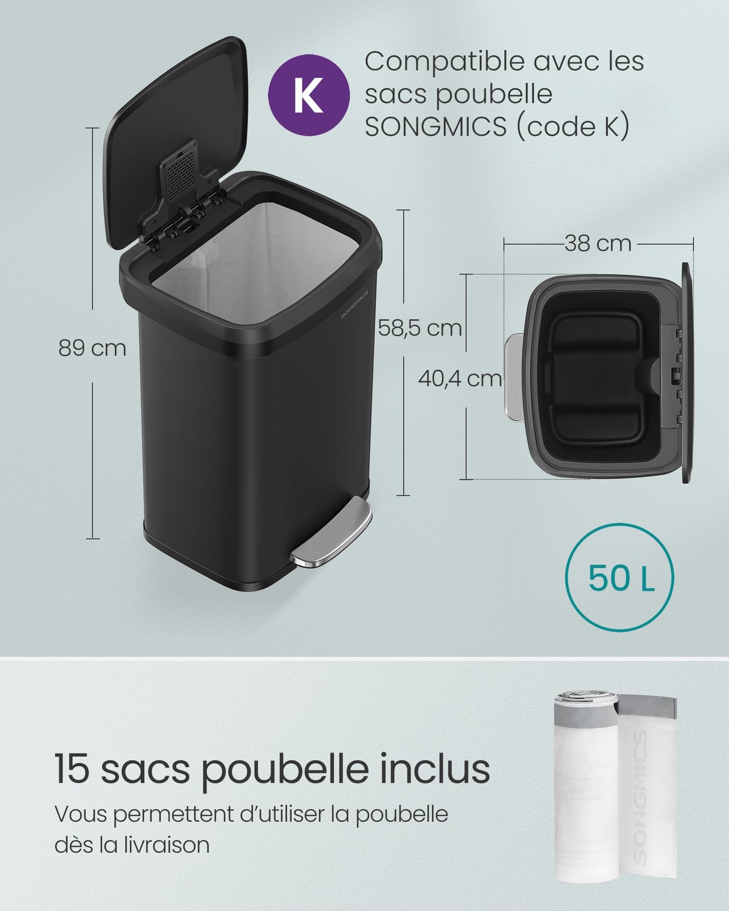SONGMICS Poubelle de Cuisine, 50L, Poubelle à Pédale en Métal avec Couvercle, Grande et Haute, Noir LTB530B5002