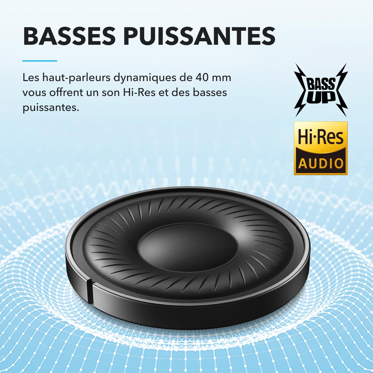 Soundcore Q20i Casque Bluetooth sans fil reducteur de bruit hybride active by Anker, Casque Over Ear, jusqu'à 40 Heures d'autonomie en mode ANC, Hi-Res Audio, Basses Profondes,Personnalisation via App