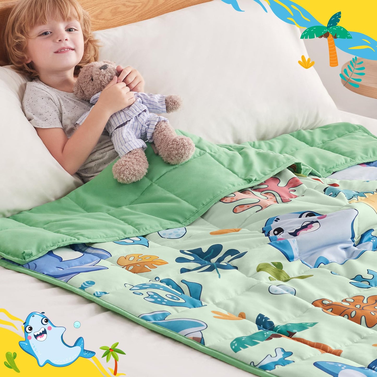 anfie Couverture lestée pour enfants (127 x 152,4 cm, 4,5 kg) – Couverture respirante avec perles de verre de qualité supérieure (requin vert)