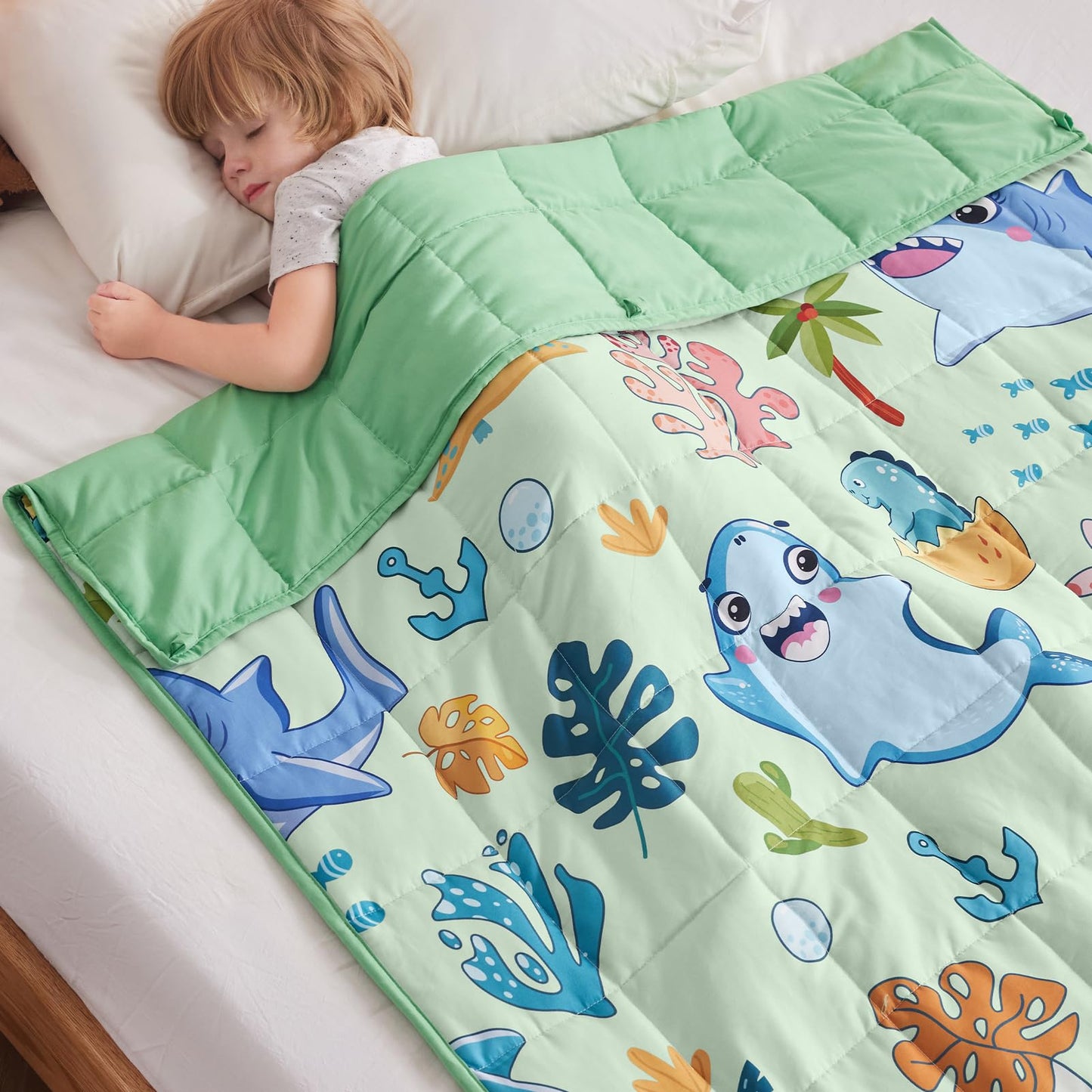 anfie Couverture lestée pour enfants (127 x 152,4 cm, 4,5 kg) – Couverture respirante avec perles de verre de qualité supérieure (requin vert)