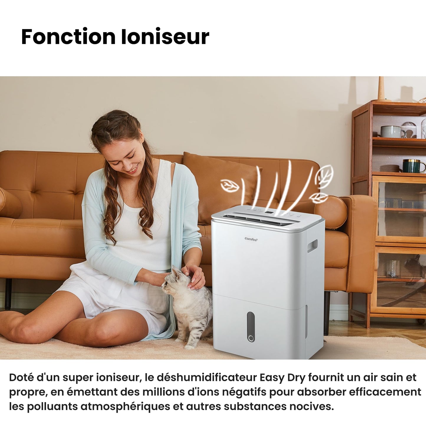 COMFEE' Déshumidificateur 2-EN-1,Elimine l'humidité jusqu'à 16L-Jour, Purification d'air avec ioniseur, 4 Modes, Fonction Air Swing, Contrôle APP, Idéal pour pièces de 29-44㎡, Easy Dry 16