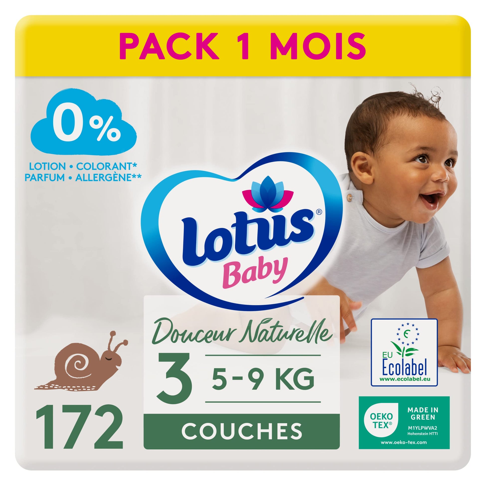Lotus Baby Douceur Naturelle - Couches Taille 1 (2-5 kg/Nouveau-né) Pack 1 mois - 80 couches
