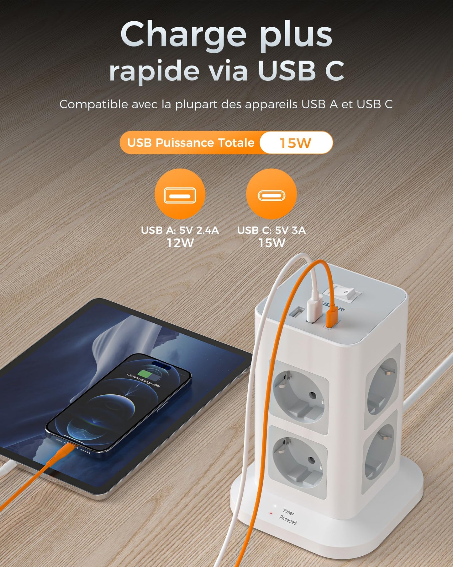 TESSAN Tour Multiprise Parafoudre et Surtension avec 8 Sortie AC et 3 Ports USB, Adaptateur Secteur 3600W avec Interrupteur et Rallonge Electrique 2M, Mult Prise Convient pour Bureau et Maison, Gris