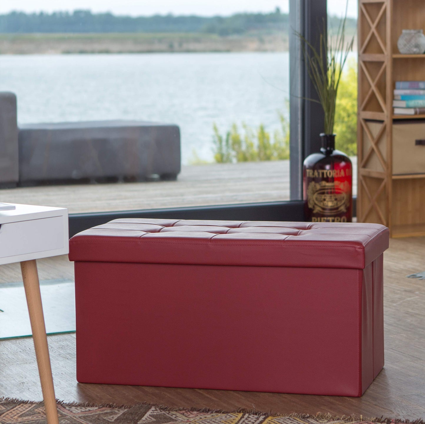 Relaxdays Banc de rangement pratique en simili cuir, 2 places, capacité de charge 300 kg, HLP : 38x76x38 cm, rouge foncé