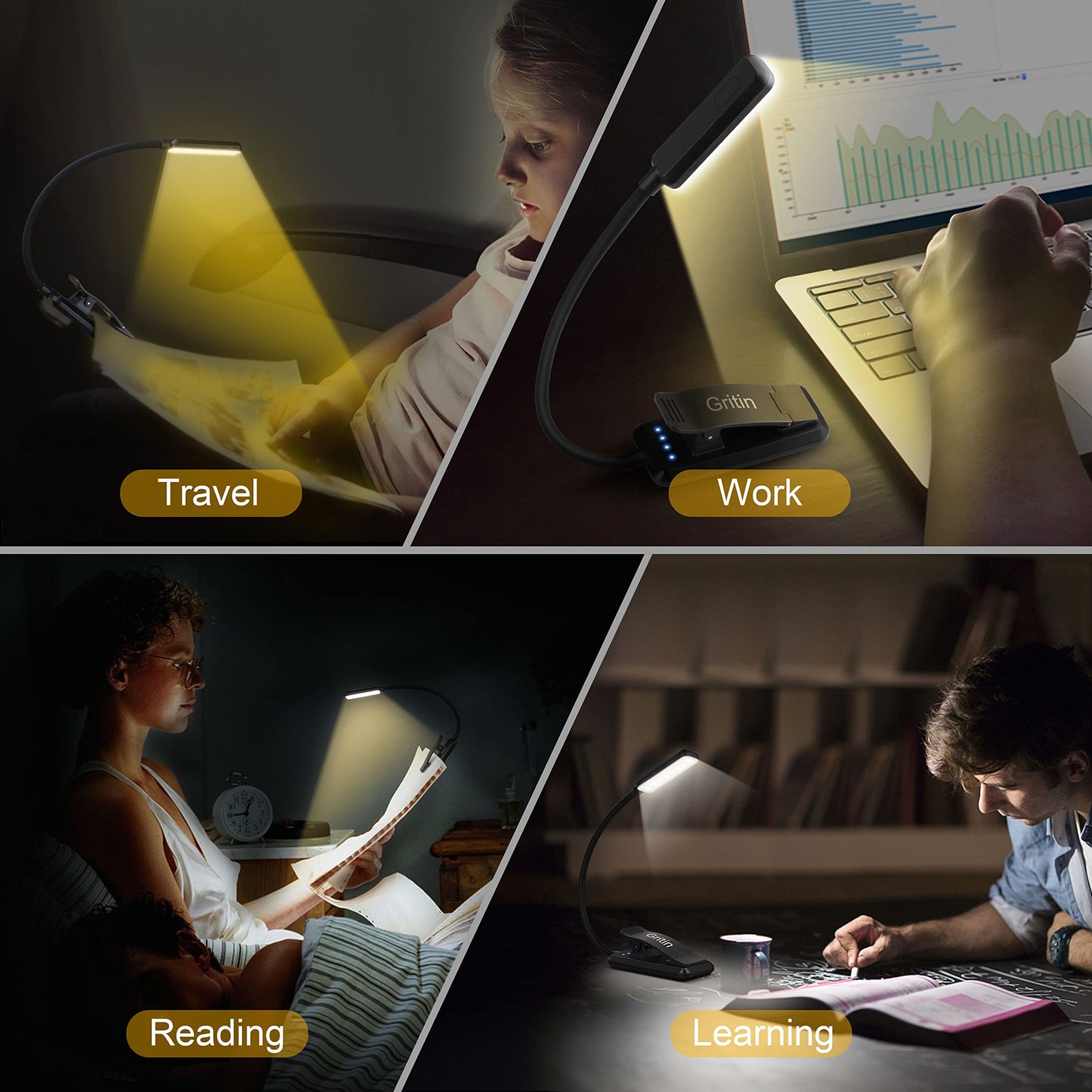 Gritin Lampe de Lecture Rechargeable, 9 LED Liseuse Lampe Clip, Gradation Progressive & 3 Modes Protection des Yeux (Blanc Froid&Chaud), 360° Cou Flexible, Indicateur, Longue Travail pour Lire au Lit