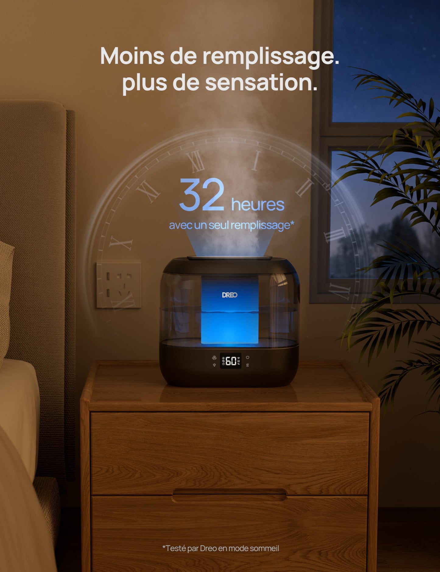 Dreo Smart Humidificateur pour chambre à coucher, Top Fill 4L Humidificateur de brume fraîche surdimensionné avec diffuseur d'huile et veilleuse, 32H d'autonomie, Silencieux pour la maison, le bureau