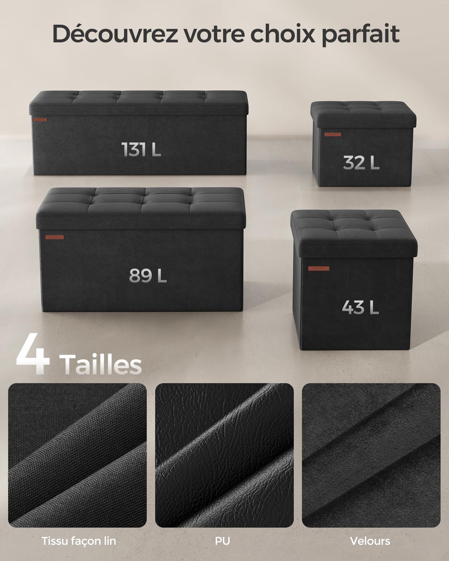 SONGMICS Banc de Rangement, Pouf Pliable, 38 x 110 x 38 cm, Bout de Lit, Repose-Pieds, Coffre de Rangement, Charge jusqu'à 300 kg, pour Salon, Chambre, Entrée, Noir d'encre LSF277B01