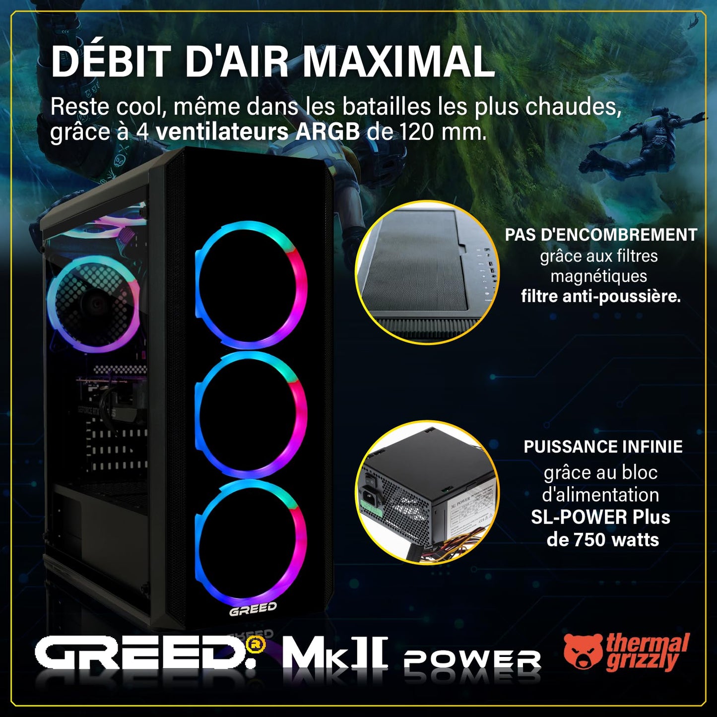 Greed®MK2 Power - High End PC Gamer - Intel Core i7 12700F + Nvidia Geforce RTX 5060Ti 16GB - Ordinateur RGB Ultra Rapide + PC Gaming 4K Raytracing avec 4,9 GHZ - 32 GB RAM - 1TB SSD - WLAN + W11 Pro