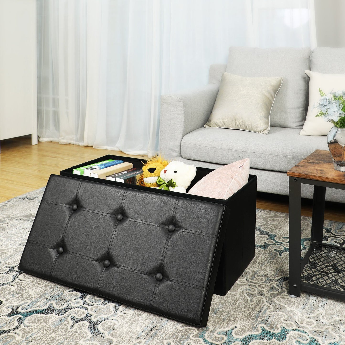 SONGMICS Banc de Rangement Pliable 80L, Coffre, Tabouret, Repose-pieds, Bout de Lit, Charge Statique Maximale 300 kg, Revêtement en PVC, Rembourré, Noir LSF105