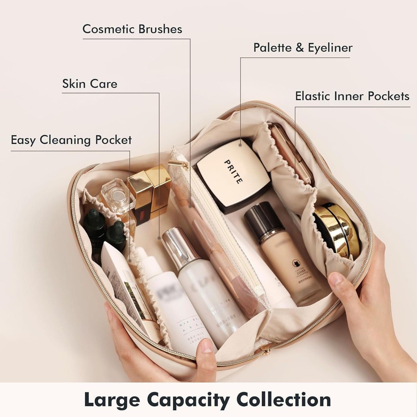 Prite Grande Capacité Trousse de Maquillage pour Femme Trousse de Toilette en Cuir PU Vanity Imperméable pour Voyage avec Séparateur Transparent et Poignée (Beige)