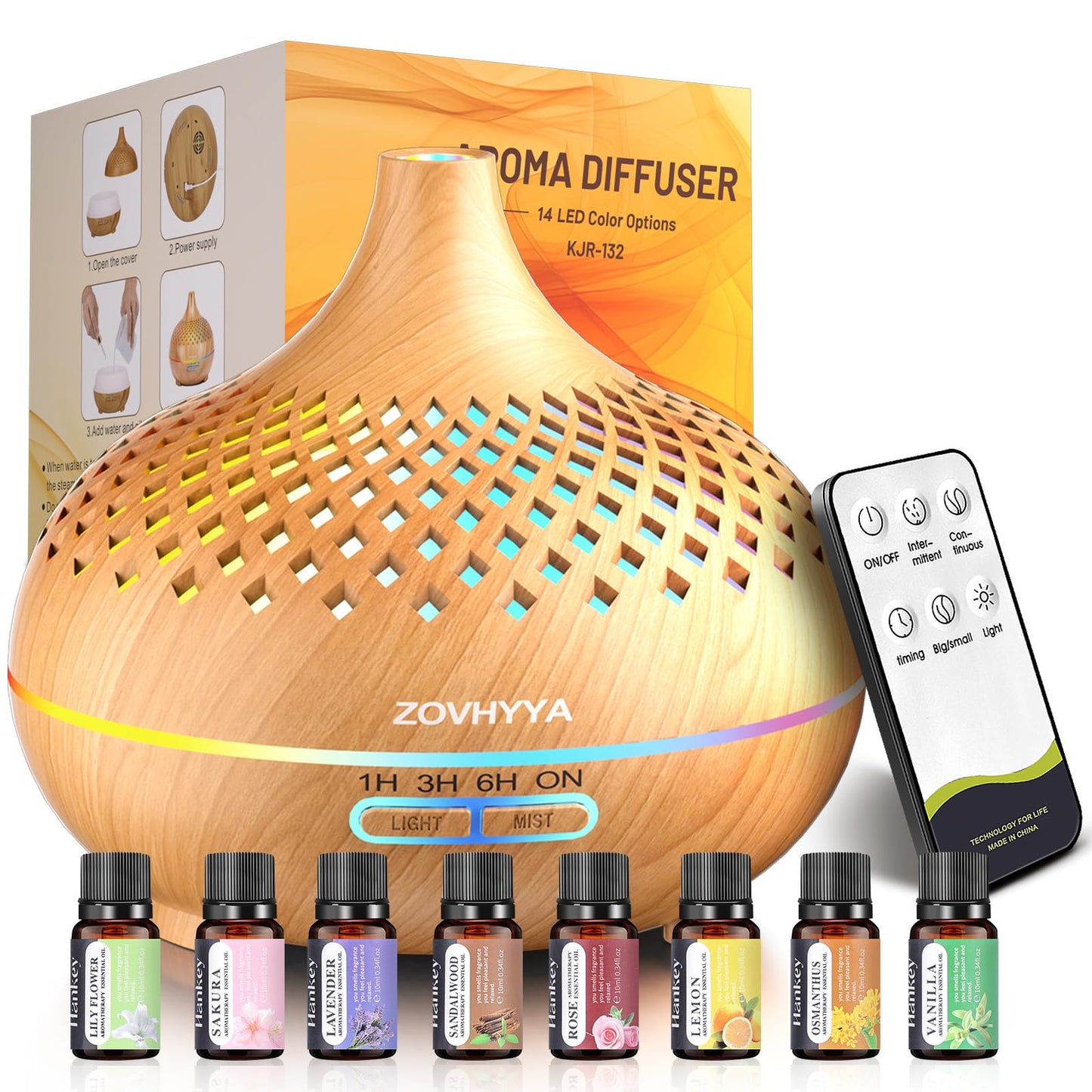 ZOVHYYA Diffuseur Huiles Essentielles 500ML Diffuseur Arômes Humidificateurs Diffuseur 14 LED avec Télécommande 3 Minuterie et Arrêt Automatique pour Salon Chambre Yoga comme Cadeau Anniversaire
