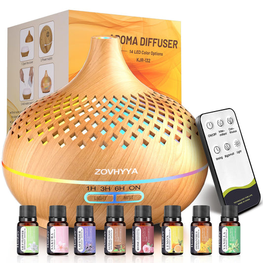 ZOVHYYA Diffuseur Huiles Essentielles 500ML Diffuseur Arômes Humidificateurs Diffuseur 14 LED avec Télécommande 3 Minuterie et Arrêt Automatique pour Salon Chambre Yoga comme Cadeau Anniversaire