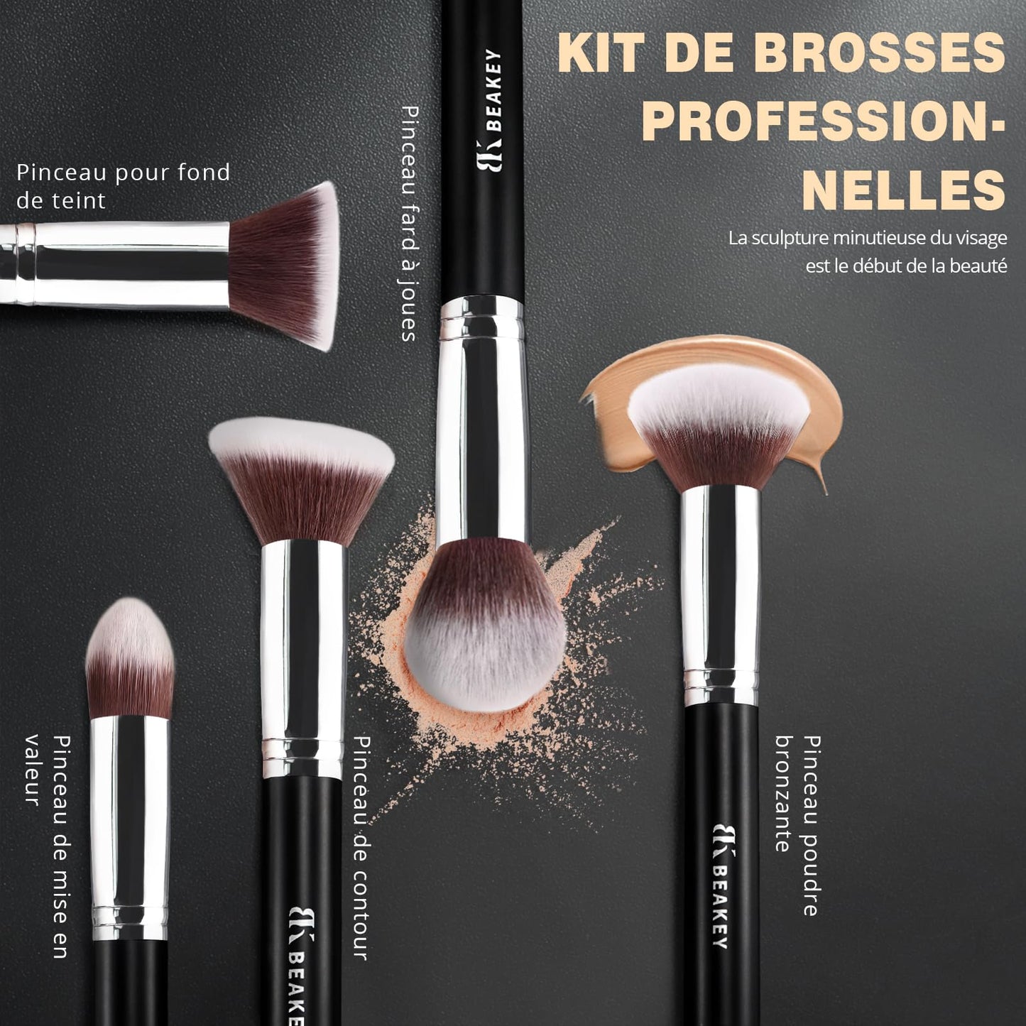 BEAKEY Pinceaux Maquillages Professionnel, Pinceau Maquillage Pour Fond de Teint Blush L'anti-cernes Fard à Paupières Poudre Libre, Avec Blender Eponge(10+2pcs, Noir/Argent)