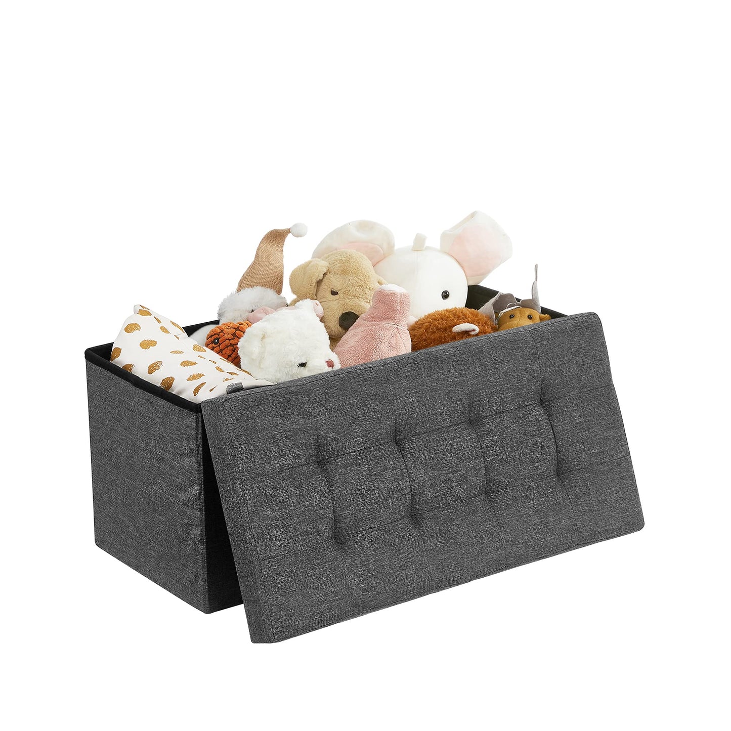 SONGMICS Banc avec Espace de Rangement, Coffre de Rangement avec Couvercle, Pliable, Capacité de Charge 300 kg, 80L, 38 x 76 x 38 cm, Tissu Façon Lin, Gris Foncé LSF46GYZ