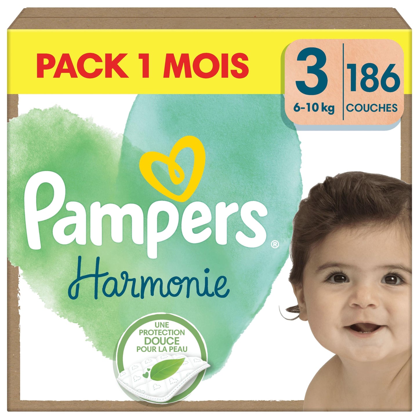 Pampers Harmonie, Taille 1, 180 Couches, 2-5kg, Protection Douce Pour La Peau Avec 100% D’Absorption Pampers, Pack 1 Mois