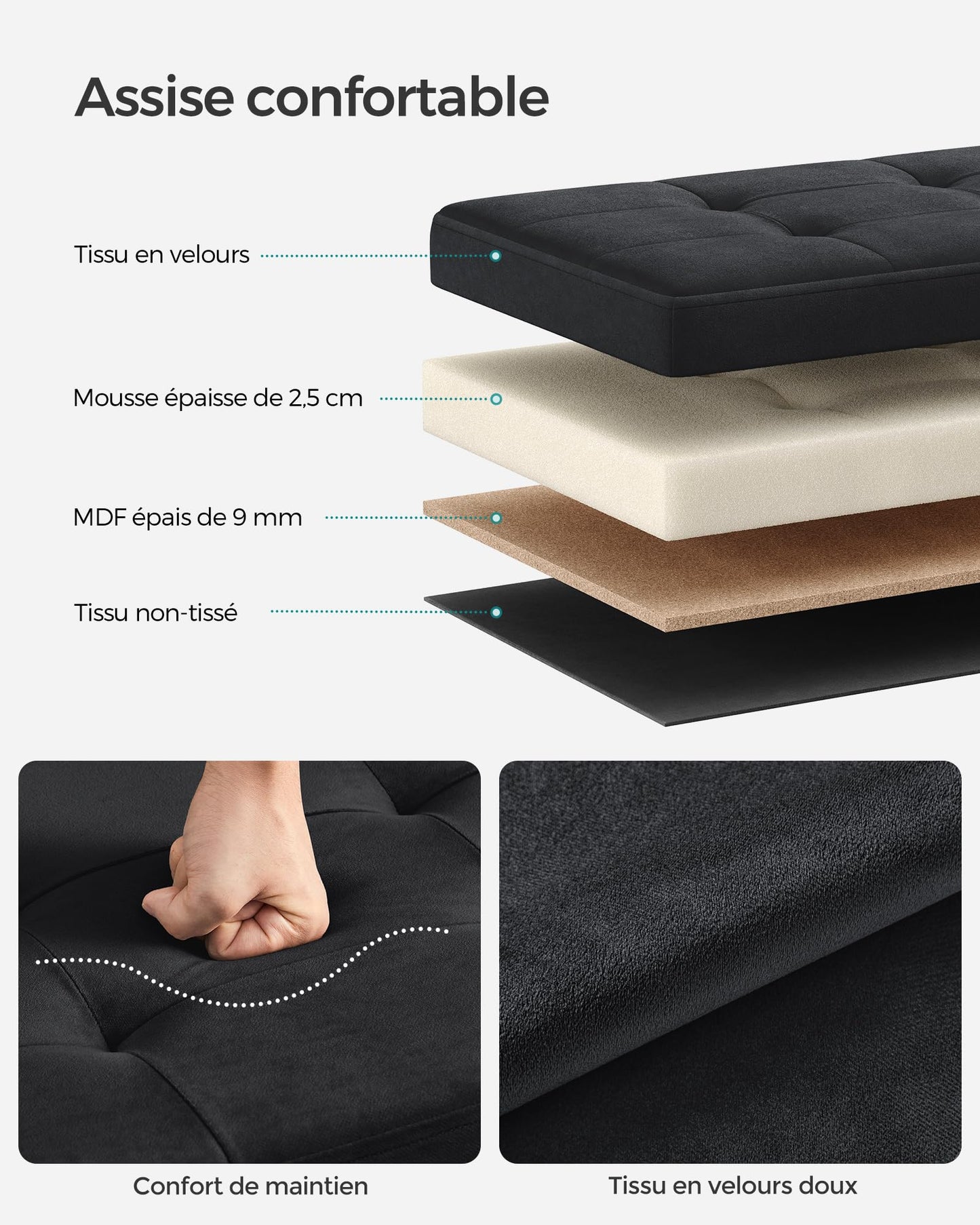 SONGMICS Banc de Rangement, Pouf Pliable, 38 x 110 x 38 cm, Bout de Lit, Repose-Pieds, Coffre de Rangement, Charge jusqu'à 300 kg, pour Salon, Chambre, Entrée, Noir d'encre LSF277B01