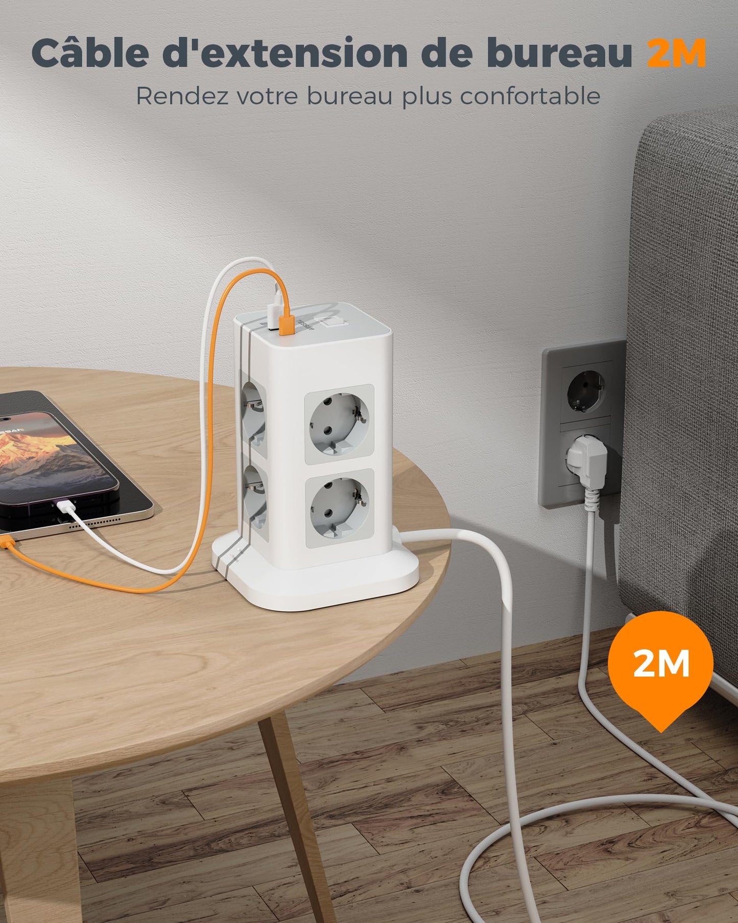 TESSAN Tour Multiprise Parafoudre et Surtension avec 8 Sortie AC et 3 Ports USB, Adaptateur Secteur 3600W avec Interrupteur et Rallonge Electrique 2M, Mult Prise Convient pour Bureau et Maison, Gris