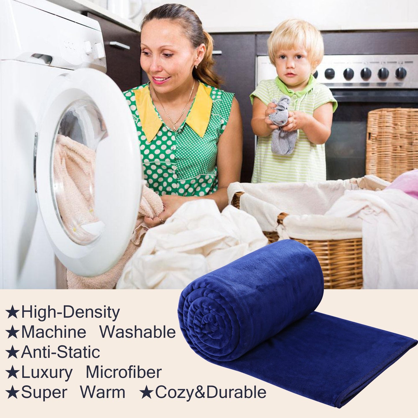 HOZY Plaid Couverture Polaire 220x240cm Bleu Fonce Doux et Chaude - 350GSM Couverture de Lit 2 Personnes et Plaid Canapé Flanelle - Réversible Double Face