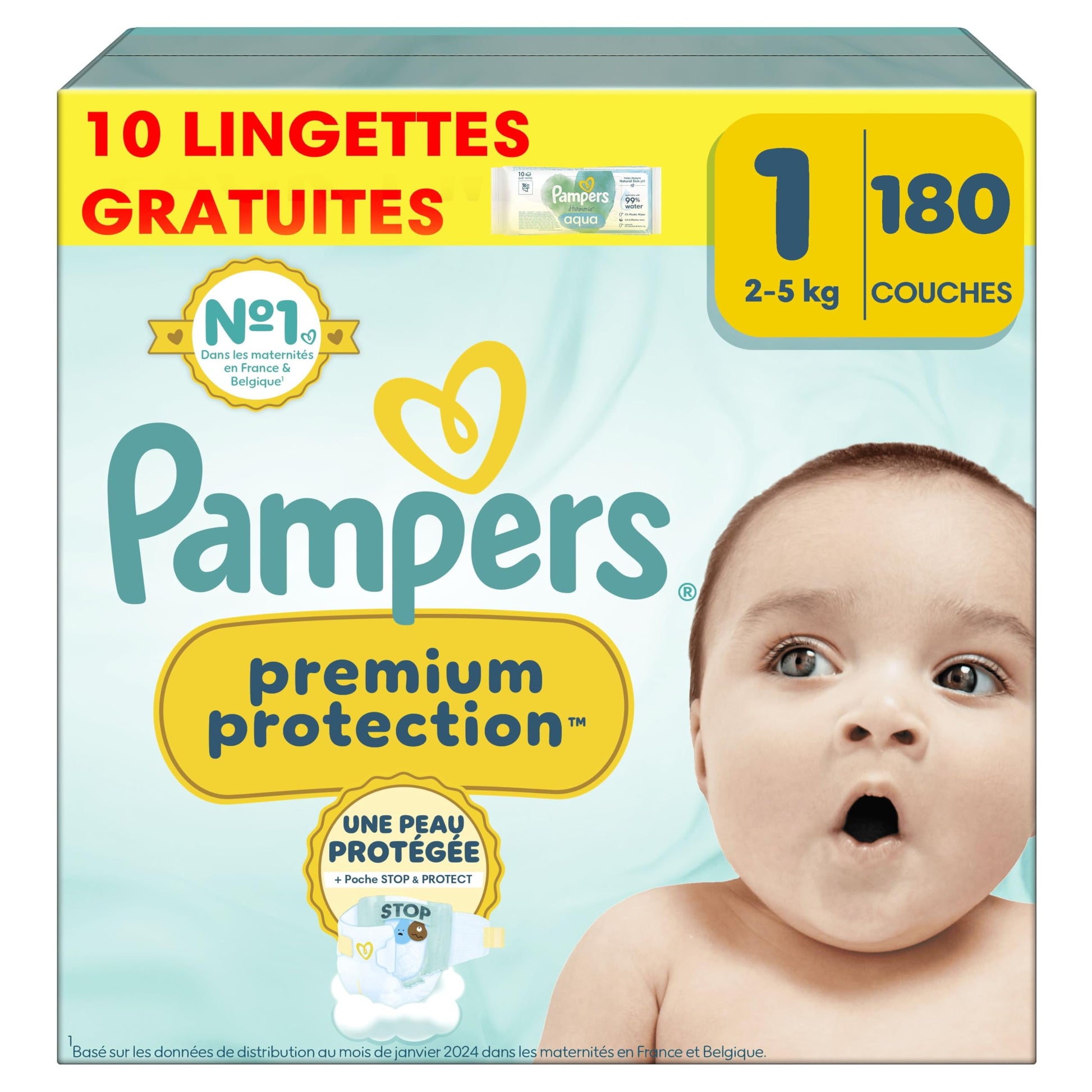 Pampers Premium Protection, Taille 2, 240 Couches, 4-8kg, Double Protection pour la peau et contre les fuites Avec Poche Stop & Protect pour aider à capturer les Fuites, Pack 1 Mois