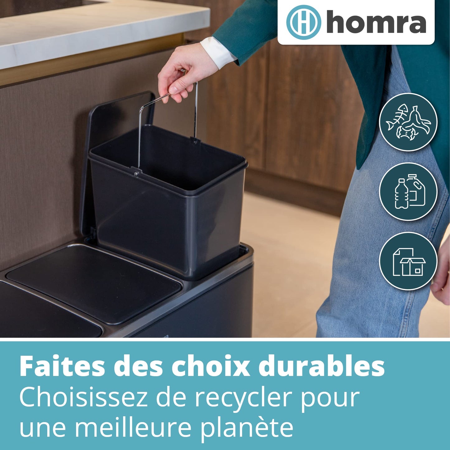 Homra Sparq Poubelle Tri Selectif 3 Bac | Poubelle Cuisine 54 Litres Acier inoxydable | Poubelle à Pédale 3x18 litres | Déchets et recyclage | 3 Bacs Amovibles et Fermeture Douce | Inox Noir