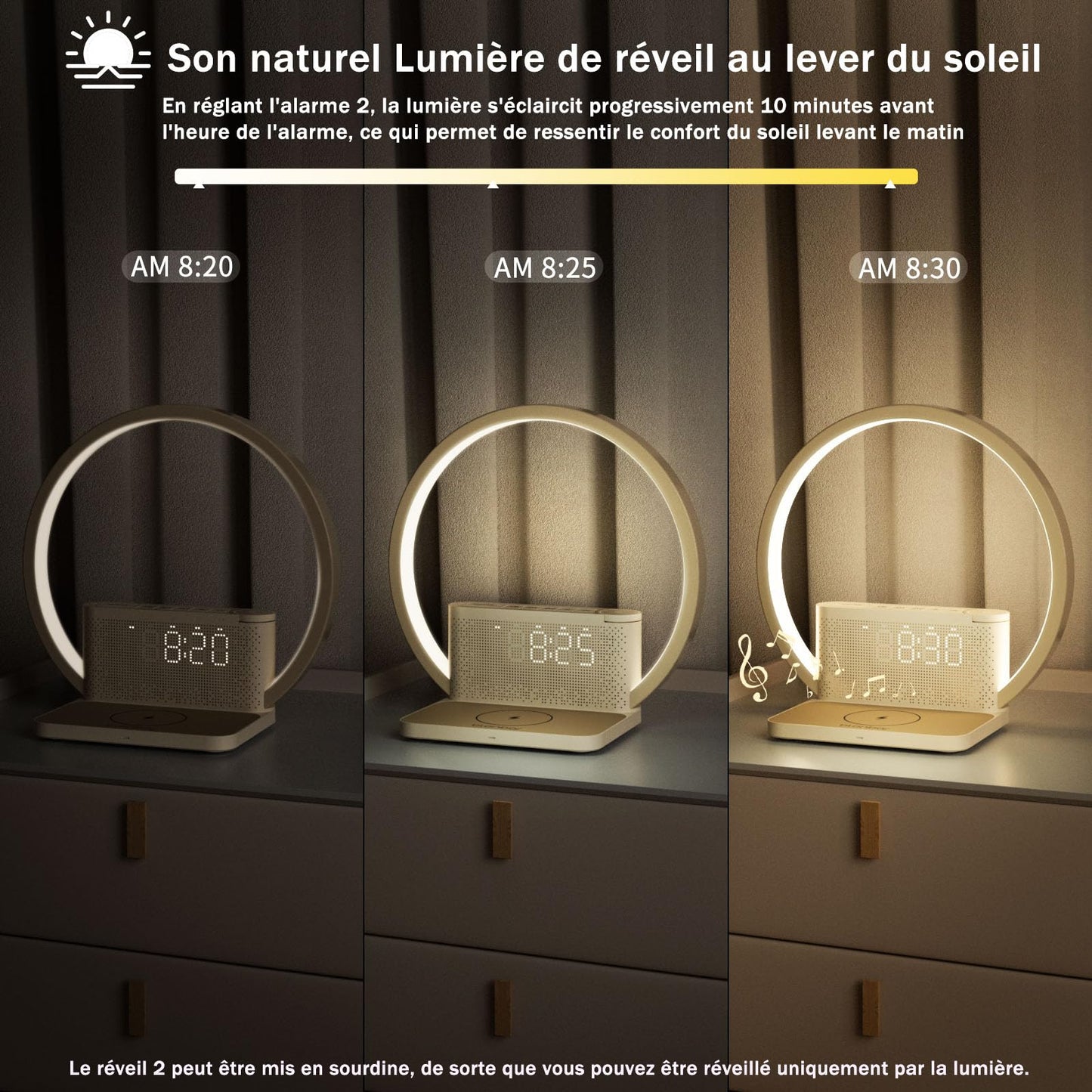 blonbar Réveil Lumineux Simulateur d'Aube, Lampe de Reveil avec tactile réglable,3 niveaux de luminosité,lampe de chevet avec chargeur sans fil, aide à dormir les bébés et les adultes