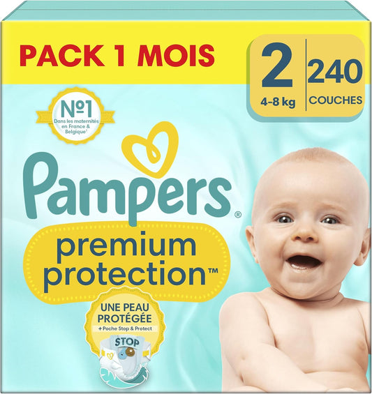 Pampers Premium Protection, Taille 2, 240 Couches, 4-8kg, Double Protection pour la peau et contre les fuites Avec Poche Stop & Protect pour aider à capturer les Fuites, Pack 1 Mois