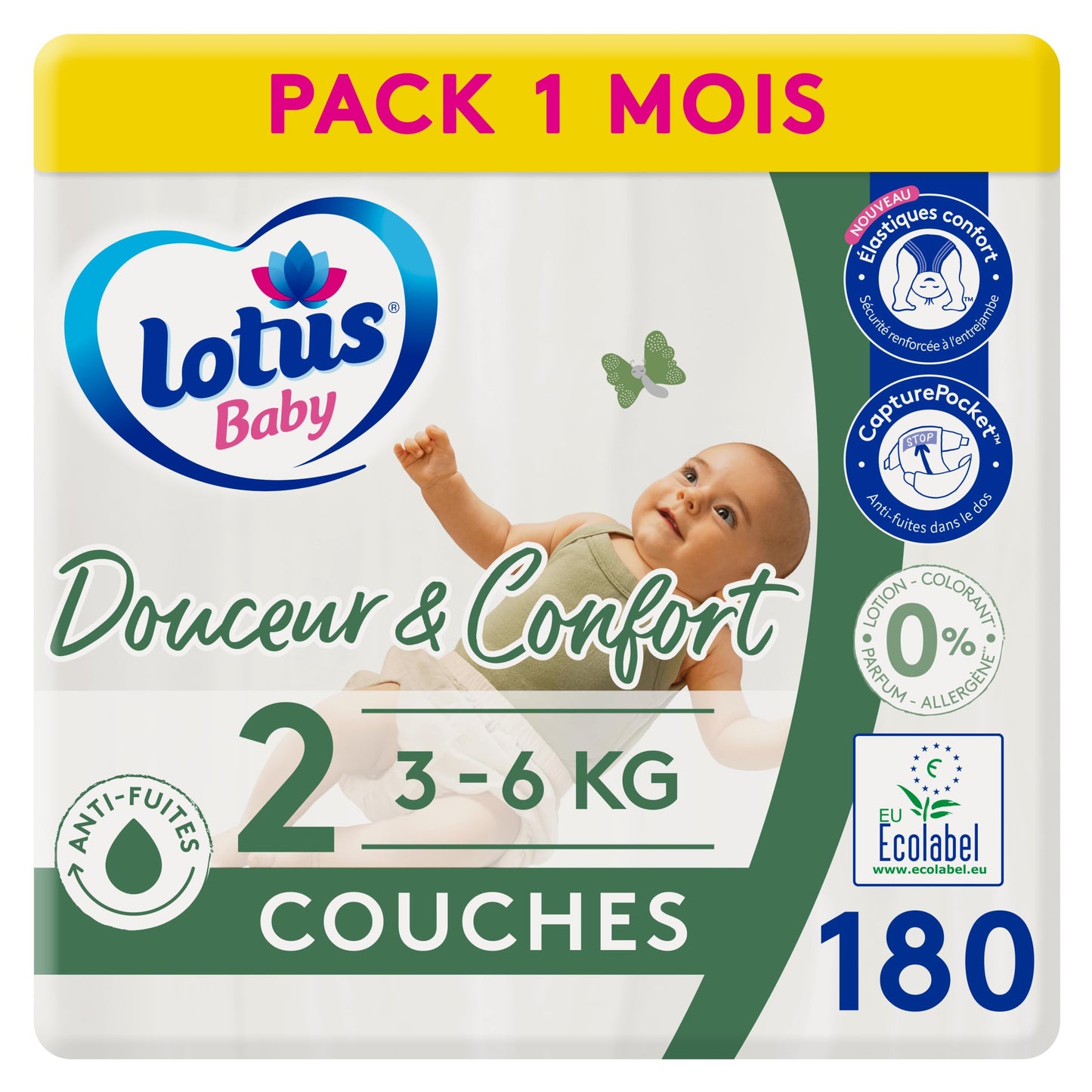 Lotus Baby Douceur Naturelle - Couches Taille 1 (2-5 kg/Nouveau-né) Pack 1 mois - 80 couches
