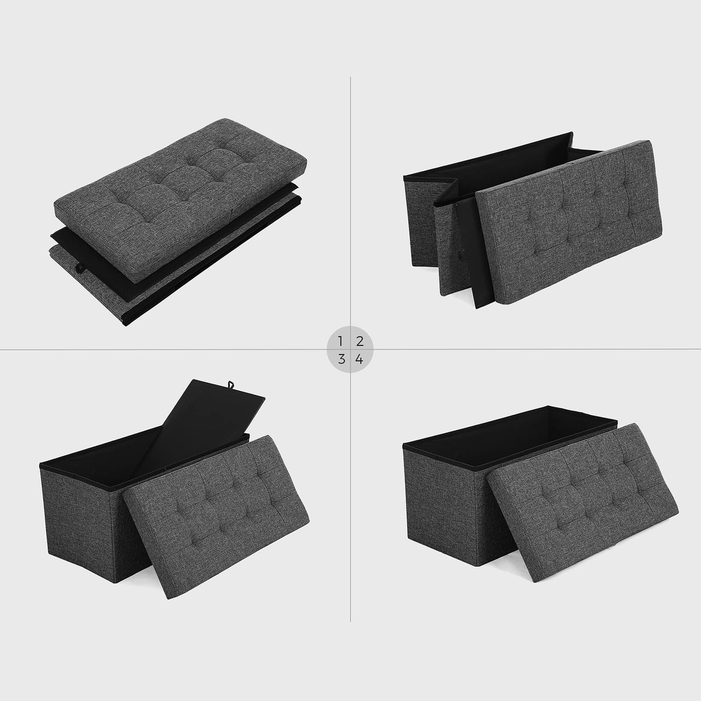 SONGMICS Banc avec Espace de Rangement, Coffre de Rangement avec Couvercle, Pliable, Capacité de Charge 300 kg, 80L, 38 x 76 x 38 cm, Tissu Façon Lin, Gris Foncé LSF46GYZ