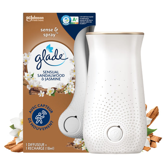 Glade Sense & Spray Diffuseur à Détection de Mouvement - Infusé Aux Huiles Essentielles - Jusqu'à 2 Mois de Parfum - Sensual Sandalwood & Jasmine - 1 Diffuseur + 1 Recharge