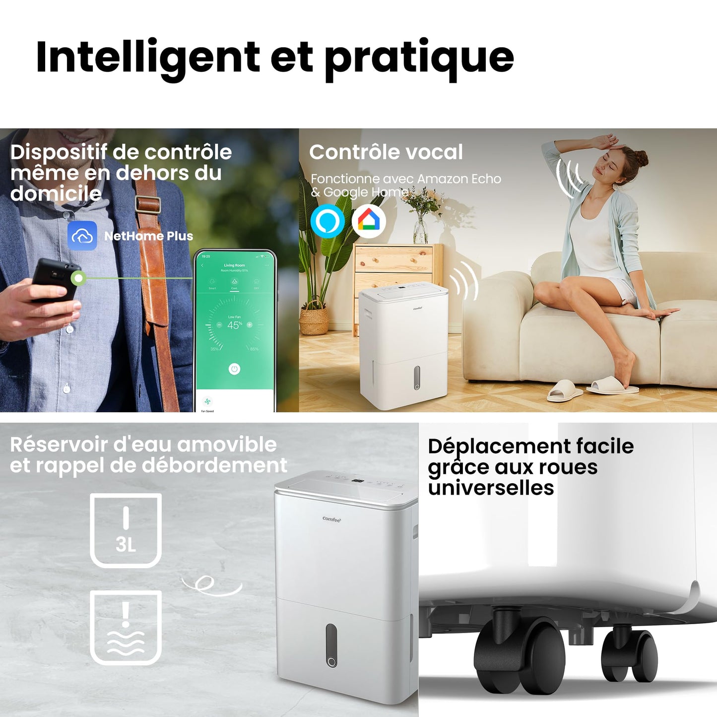 COMFEE' Déshumidificateur 2-EN-1,Elimine l'humidité jusqu'à 16L-Jour, Purification d'air avec ioniseur, 4 Modes, Fonction Air Swing, Contrôle APP, Idéal pour pièces de 29-44㎡, Easy Dry 16