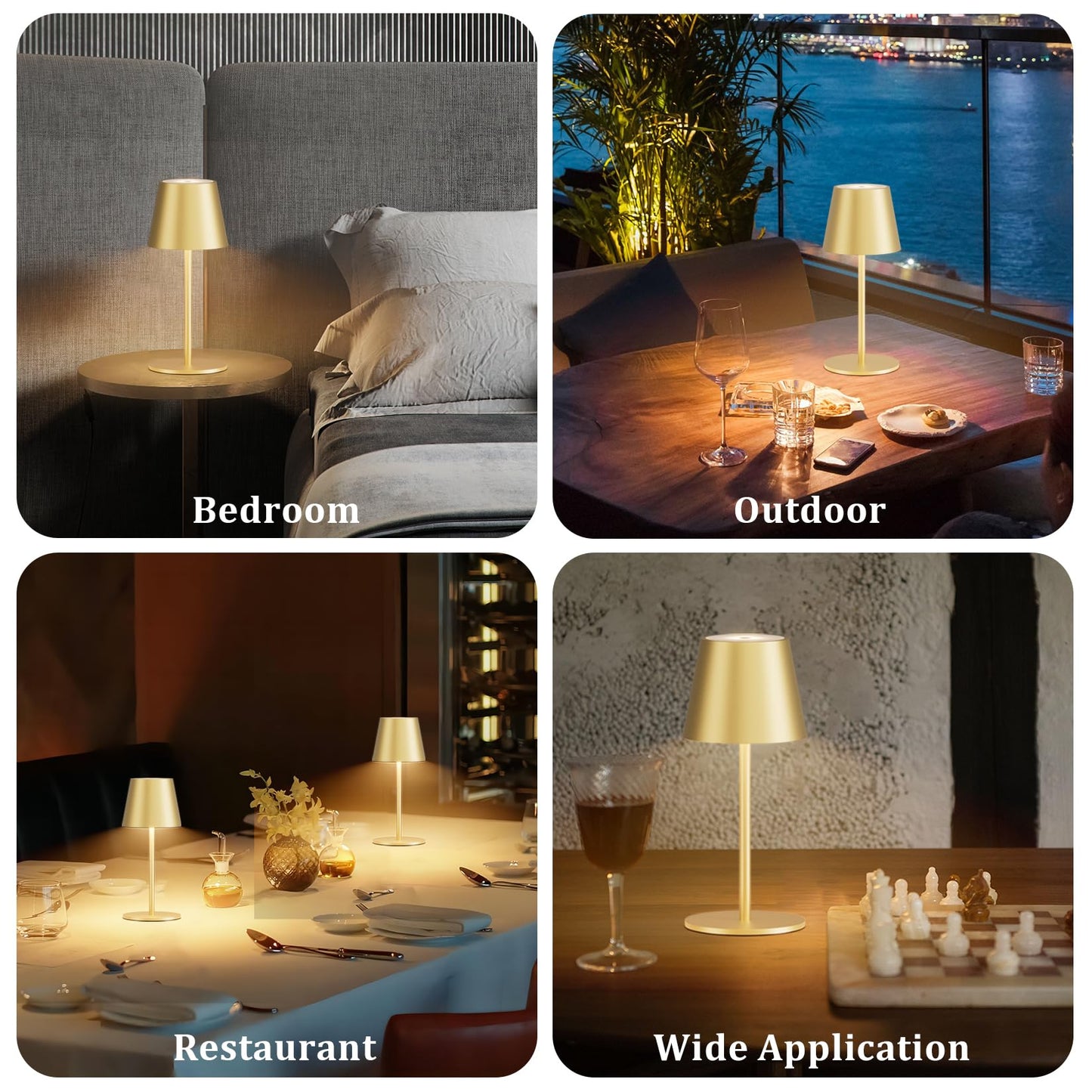 lundwa 2 pièces lampes de table LED à intensité variable, sans fil, rechargeables, couleur de lumière chaude 3000K, USB-C, aluminium, IP54,Pour le salon, le jardin, la salle à manger(Or mat)