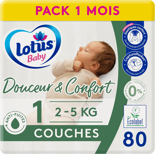 Lotus Baby Douceur Naturelle - Couches Taille 1 (2-5 kg/Nouveau-né) Pack 1 mois - 80 couches