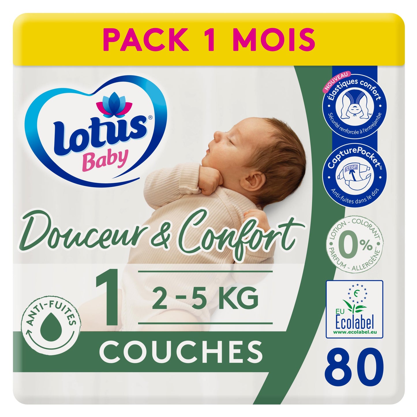 Lotus Baby Douceur Naturelle - Couches Taille 1 (2-5 kg/Nouveau-né) Pack 1 mois - 80 couches