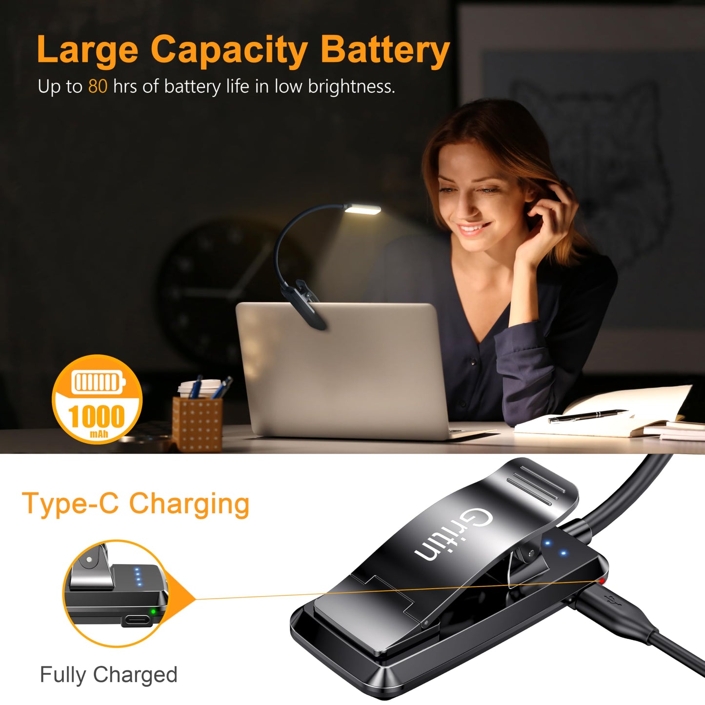 Gritin Lampe de Lecture Rechargeable, 9 LED Liseuse Lampe Clip, Gradation Progressive & 3 Modes Protection des Yeux (Blanc Froid&Chaud), 360° Cou Flexible, Indicateur, Longue Travail pour Lire au Lit