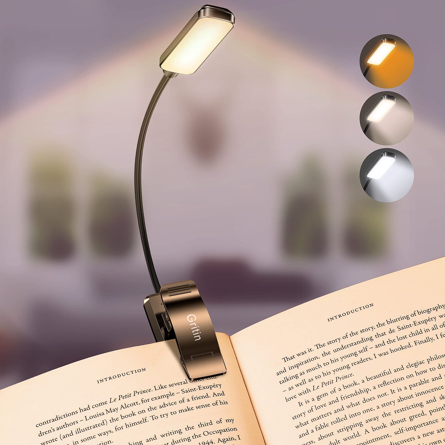 Gritin Lampe de Lecture Rechargeable, 9 LED Liseuse Lampe Clip, Gradation Progressive & 3 Modes Protection des Yeux (Blanc Froid&Chaud), 360° Cou Flexible, Indicateur, Longue Travail pour Lire au Lit